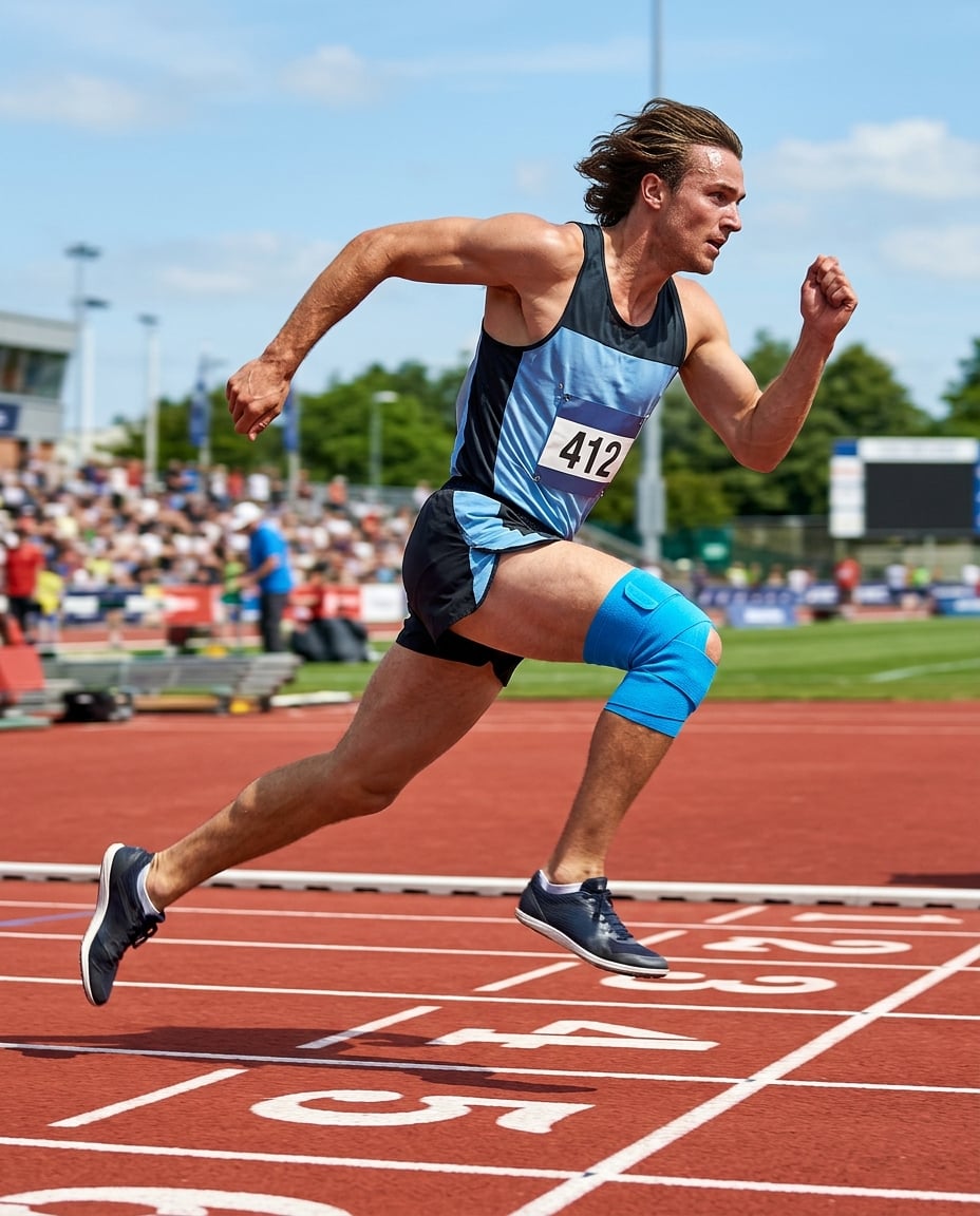 Runner wearing a blue cooling wrap on the knee